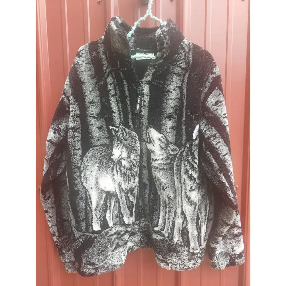 Black Mountain Wolf Fleece Jacket Black White vtg 90s Nature AOP Wolves USA L - Picture 2 of 7